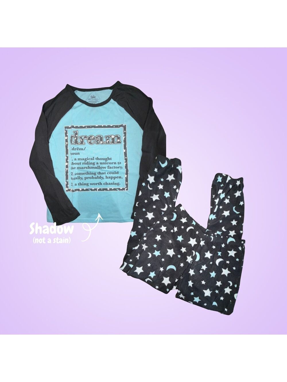 Justice Girls Size 14 Blue Black Dream Graphic Pajama Set Pants Top Sleepwear